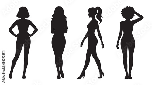 Diverse women silhouettes posing in various fashionable outfits against a white background