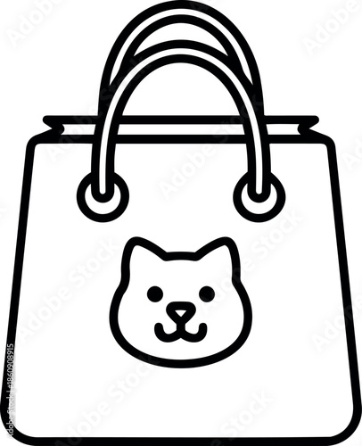 Minimalist line art vector icon of a shopping bag with a cute animal face for pet store branding