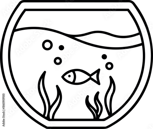Simple black and white line art icon of a round fishbowl with a small fish, bubbles, and seaweed