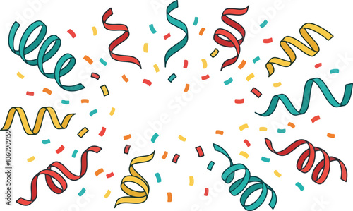 Colorful Party Confetti and Curling Streamers - Celebration Background with Festive Birthday Serpentine Ribbons