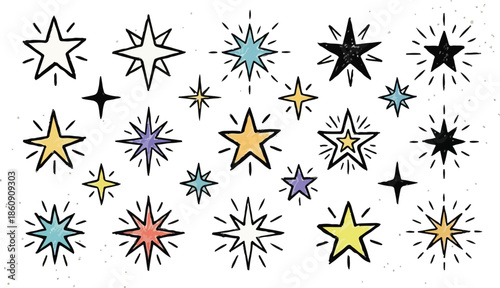 Hand-Drawn Sparkling Star Icons - Set of Minimalist Twinkle and Burst Symbols in Various Styles