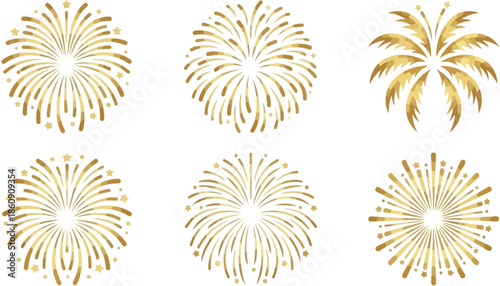 Golden Fireworks and Sparkling Starburst Icons - Elegant Celebration and New Year Graphic Elements