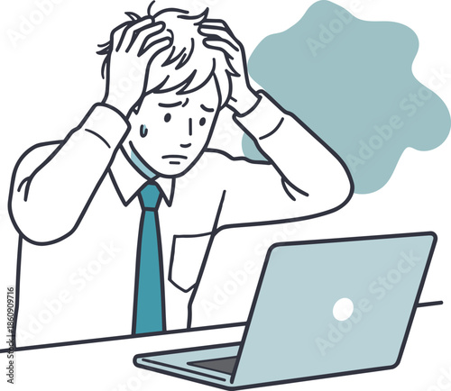 仕事で行き詰まる男性会社員のイラスト_PCトラブル・プレッシャー・問題（AI制作）