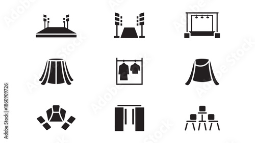 A set of simple black icons representing various stage and event elements on a white background
