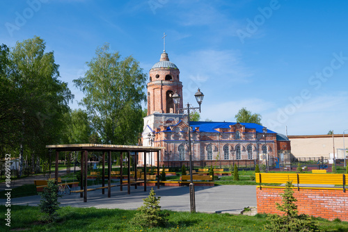 The Cathedral of the Intercession of the Holy Virgin (1885-1887) in the cityscape on a sunny May day. Narovchat