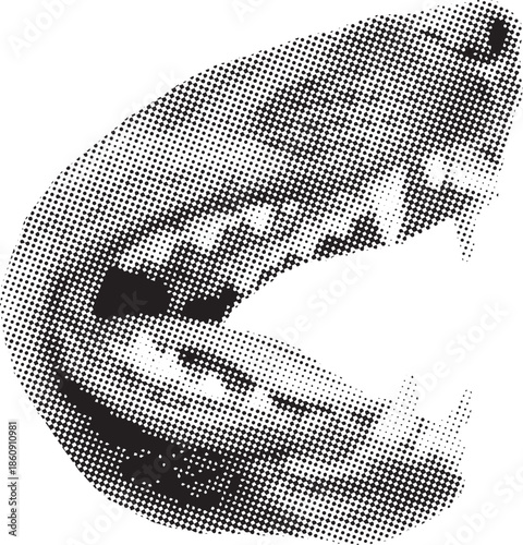 Abstract halftone curved shape with dotted texture in black and white. Retro pop art style arc form creates bold graphic contrast. Ideal for posters, modern layouts, experimental design, and artistic 