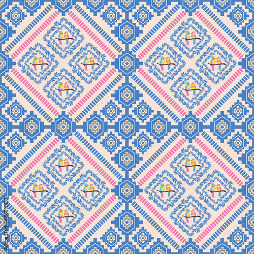 Blue Geometric Folk Pattern with Lovebirds and Floral Heart Wreaths