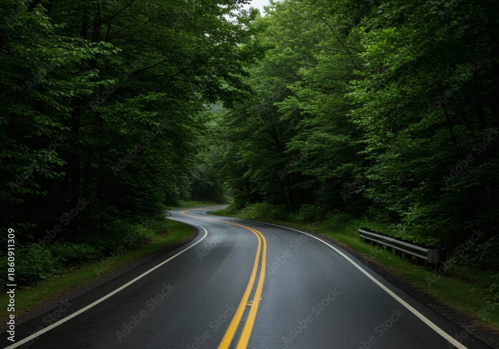 Fototapeta premium Winding Road Through Dense Green Forest With Double Yellow Lines