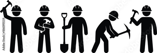 Construction worker icon set showing builders with hammer wrench shovel and pickaxe working poses isolated on white background vector illustration