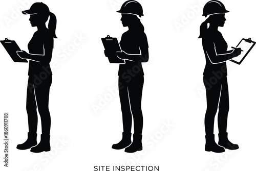 Female site inspection silhouette set showing construction engineer with clipboard helmet checking documents standing poses isolated on white background vector illustration