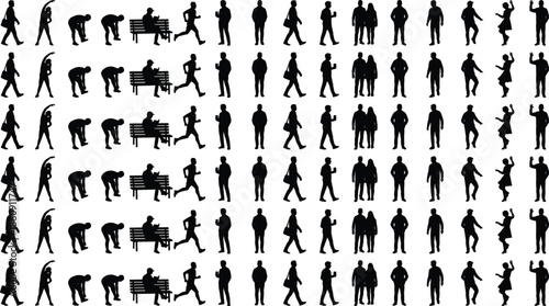 People activity silhouette pattern showing daily life actions walking sitting running social interaction isolated on white background vector illustration