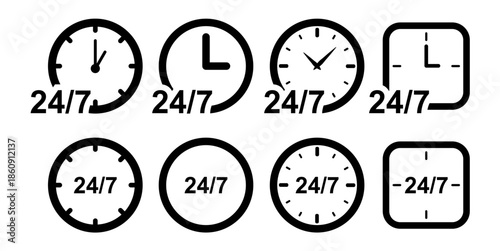 Set of twenty four seven clock vector for service icons. Ideal for non-stop support, always open shops, and continuous availability symbols.