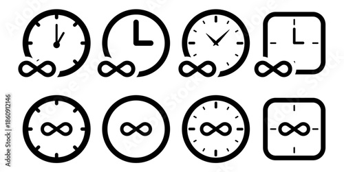 Set of infinity clock vector for timeless concepts. Ideal for eternity, loops, endless time, durability, and perpetual motion designs.