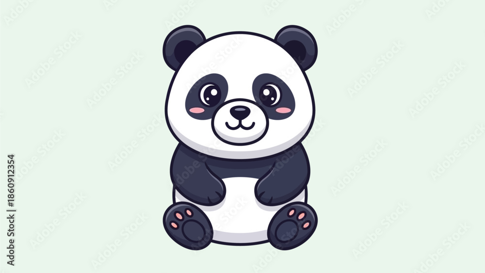 Naklejka premium Cute cartoon baby panda sitting with a happy expression on a light green background.