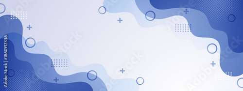 Blue wave geometric shapes pluses circles and squares adorn the background