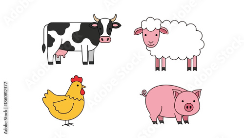Cartoon illustrations of common farm animals including a cow, sheep, chicken, and pig on a white background.