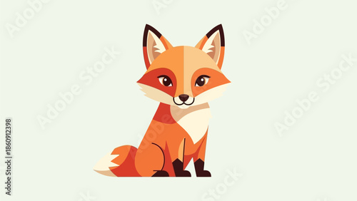 A charming and stylized illustration of a cute red fox sitting calmly, depicted with a friendly expression and simple geometric shapes.