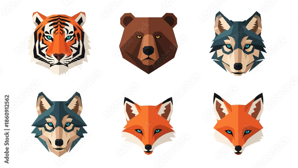 Fototapeta premium A collection of six geometric animal head illustrations including a tiger, bear, wolves, and foxes, depicted in a modern low-poly art style.
