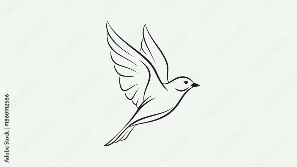 Obraz premium A minimalist line art illustration of a bird with outstretched wings in flight against a plain background, symbolizing freedom and grace.