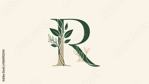 Elegant initial R decorated with botanical elements and natural leaves elegant design