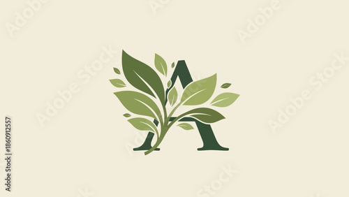 Elegant letter A entwined with lush green leaves representing nature and growth