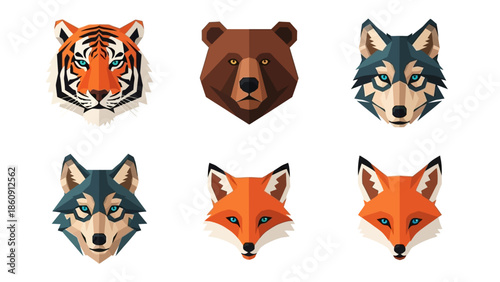 A collection of six geometric animal head illustrations including a tiger, bear, wolves, and foxes, depicted in a modern low-poly art style.