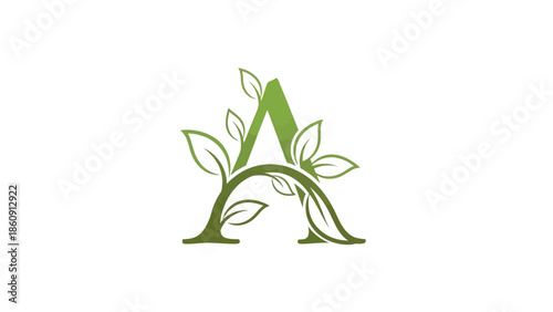 Green letter A with leaves and vines representing nature and growth