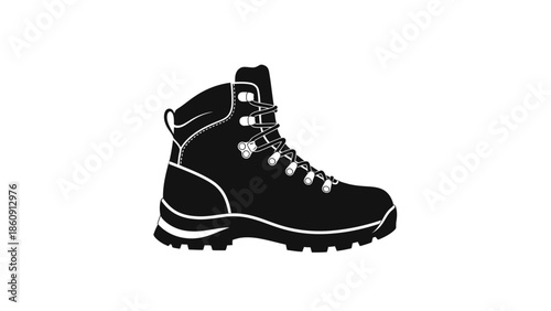 Iconic black and white silhouette of a sturdy hiking boot on a plain background