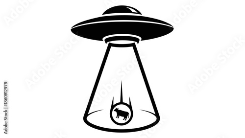 Iconic black and white illustration of a UFO abducting a cow with a tractor beam