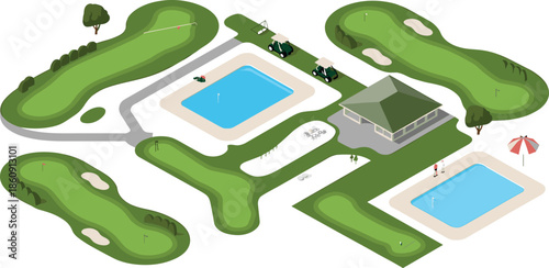 Isometric golf resort illustration with green fairways, clubhouse, carts, water hazards, and putting greens, luxury outdoor sports and leisure landscape design