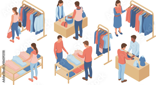 Isometric modern retail clothing store illustration with shoppers browsing fashion racks, folded garments, checkout counter, and boutique apparel shopping scene