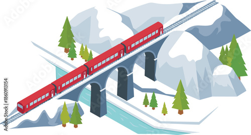 Isometric red passenger train crossing mountain bridge in winter landscape, scenic railway travel illustration with snowy hills, river, and pine trees