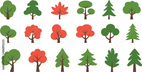 Set of stylized tree icons in flat design, green and autumn colors, nature elements collection for landscape, ecology, and seasonal illustration projects