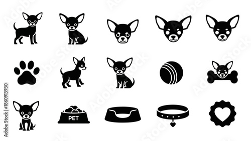 Collection of black and white Chihuahua dog and pet care icons, including full body dogs, faces, paw print, ball, bone, bowl, bed, and collar.