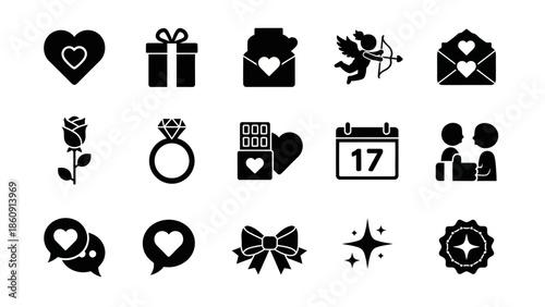 A collection of black silhouette icons representing love, romance, and Valentine's Day themes, including hearts, gifts, cupid, roses, rings, and couples.
