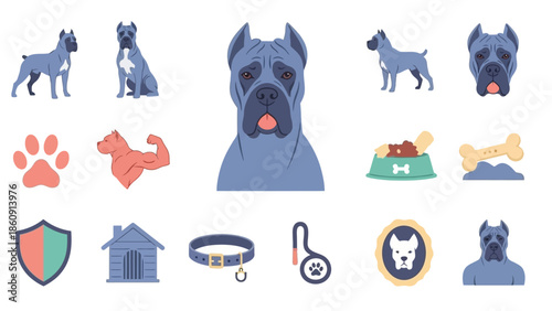 Flat design vector illustration set featuring a strong blue-grey dog breed and essential pet care items.
