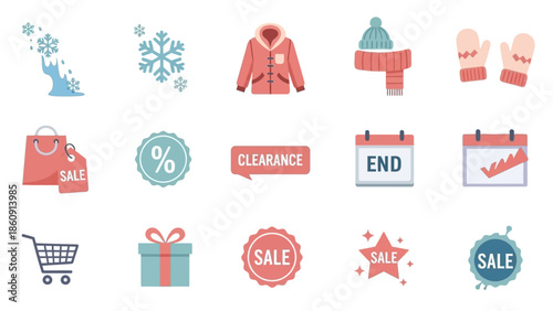 Collection of flat design icons representing winter sales, shopping, discounts, and seasonal promotions for retail businesses.