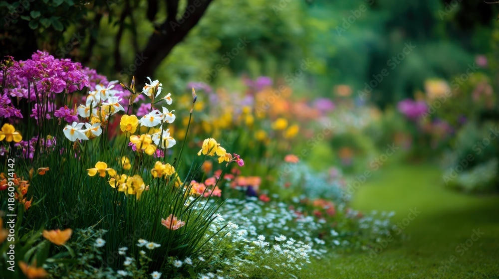 Fototapeta premium A beautifully vibrant summer garden filled with a diverse array of colorful blooming flowers. The lush greenery and vibrant hues create a picturesque and serene outdoor scene.