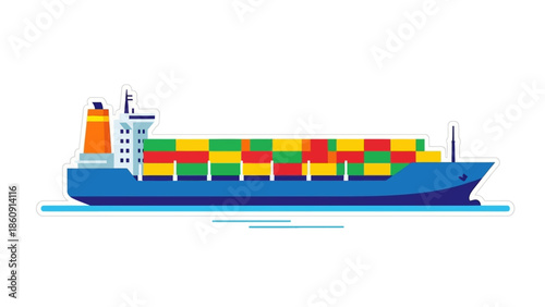 Modern cargo ship illustration loaded with colorful shipping containers on a white background