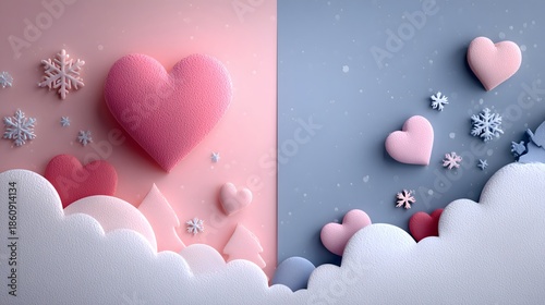 Unique valentines day background with hearts and snowflakes in pastel pink and blue colors for celebration and decoration ideas
