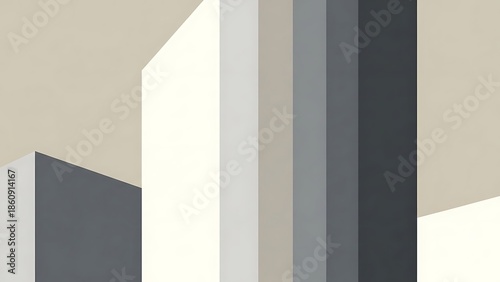 An abstract minimalist composition featuring various geometric building blocks and architectural forms in a soothing gradient of grey and beige tones.