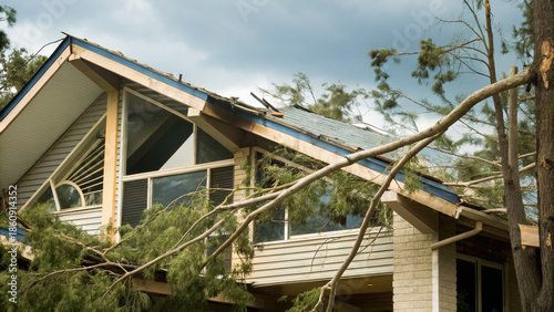 Tree falls on a house roof during storm concept. Damaged house after a storm with fallen branches and debris.