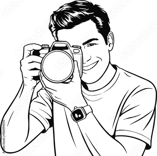 Cheerful Photographer with DSLR Camera Colorful Pop Art Illustration