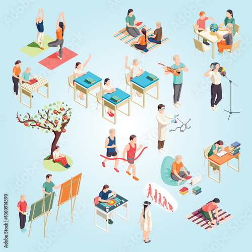 Alternative education isometric icons collection with isolated illustration of schooling situations with human characters of pupils