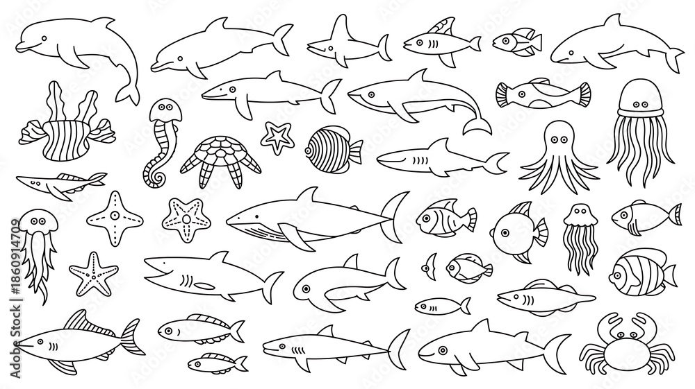 Obraz premium Collection of Black Line Art Illustrations Featuring Sea Creatures
