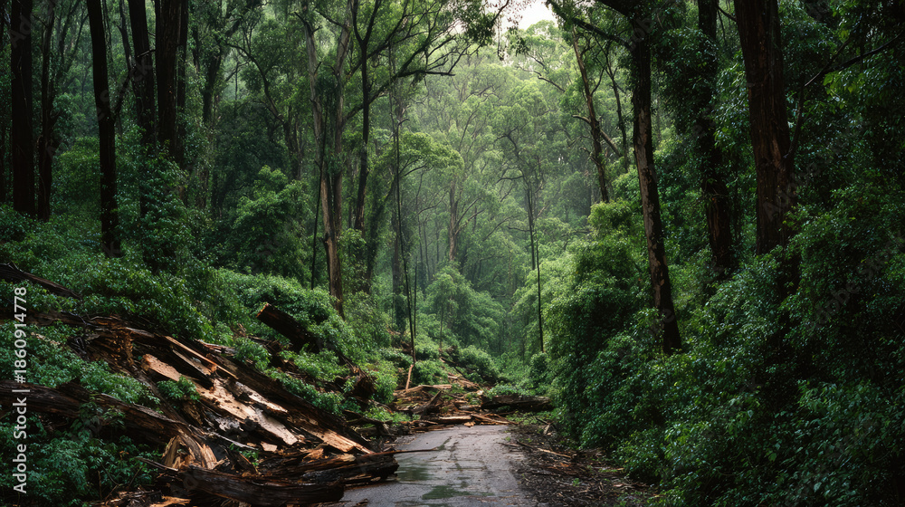 Fototapeta premium Path in the forest with village landslide road concept. Lush forest with fallen trees lining a serene, quiet road.