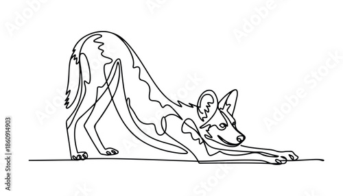 One continuous line illustration of an African wild dog , isolated on white background.