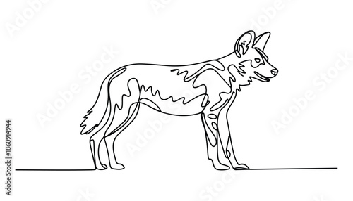One continuous line illustration of an African wild dog , isolated on white background.