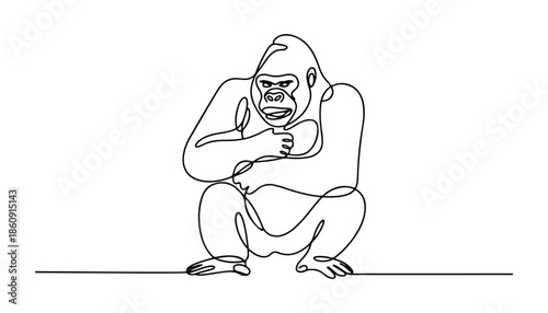 One continuous line illustration of an gorilla , isolated on white background.