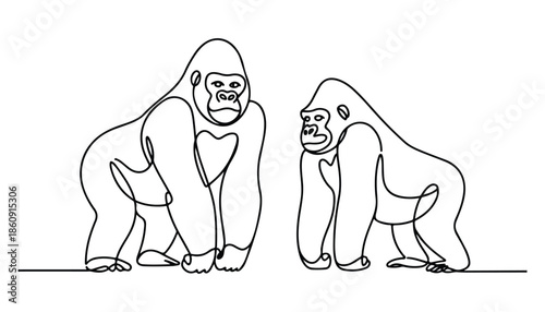 One continuous line illustration of an gorilla , isolated on white background.
